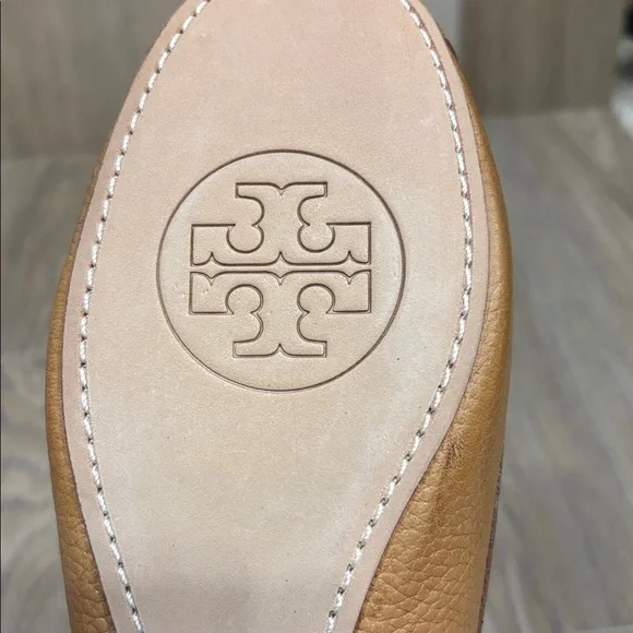 Tory Burch Royal Tan Pebbled Leather Peeptoe Ballet Flats Selma Gold NEW 9.5 - Picture 6 of 8
